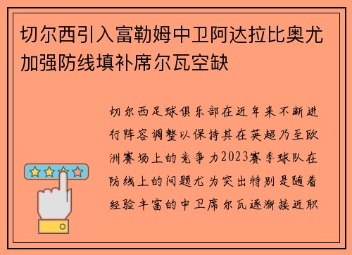 切尔西引入富勒姆中卫阿达拉比奥尤加强防线填补席尔瓦空缺